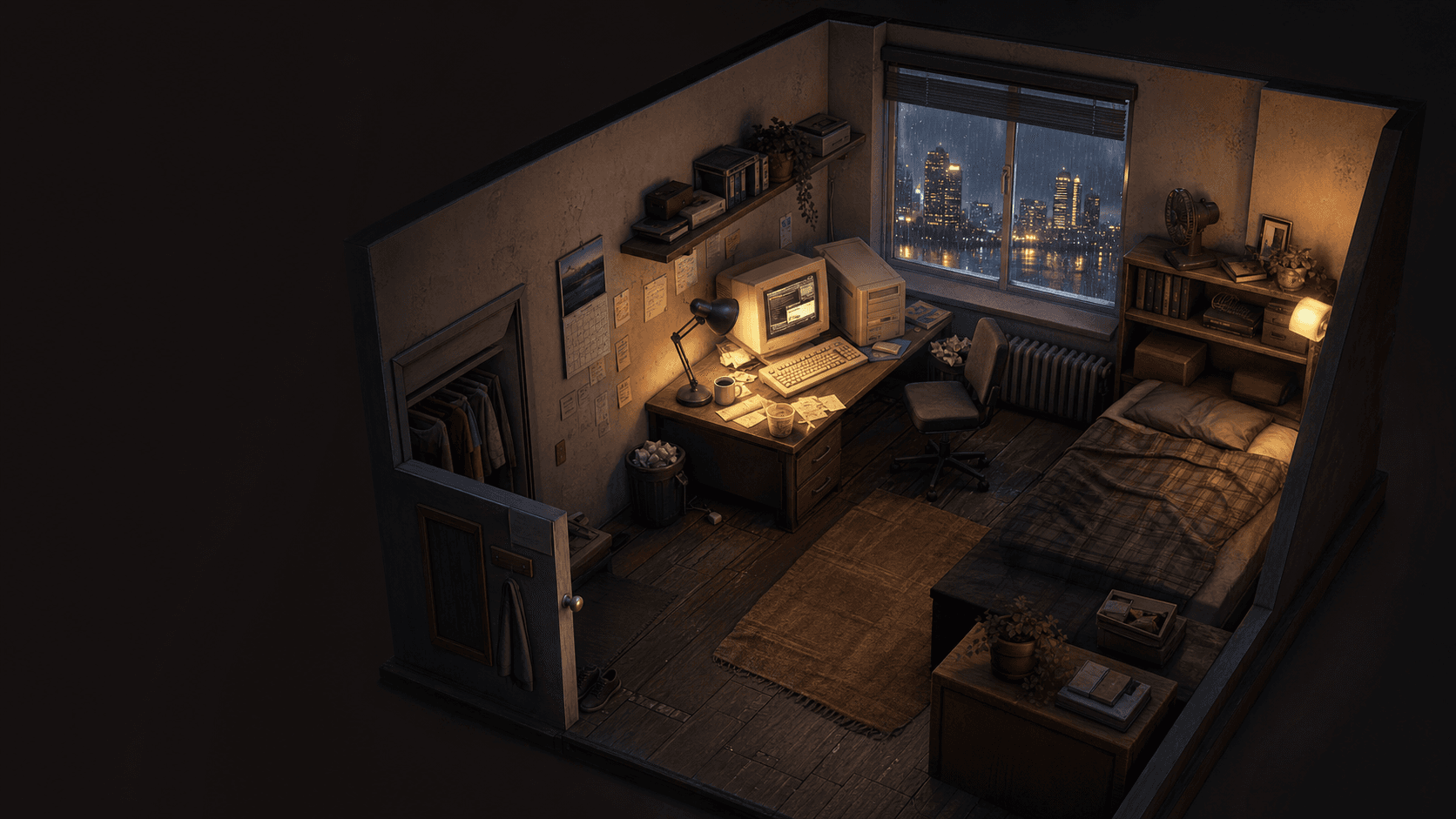 An isometric 3D bedroom office at night, the first workspace in Vibe Coder